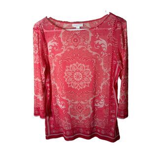 Charter Club Blouse Women's Medium Boat Neck 3/4 Sleeve Artsy Sheer Top Casual